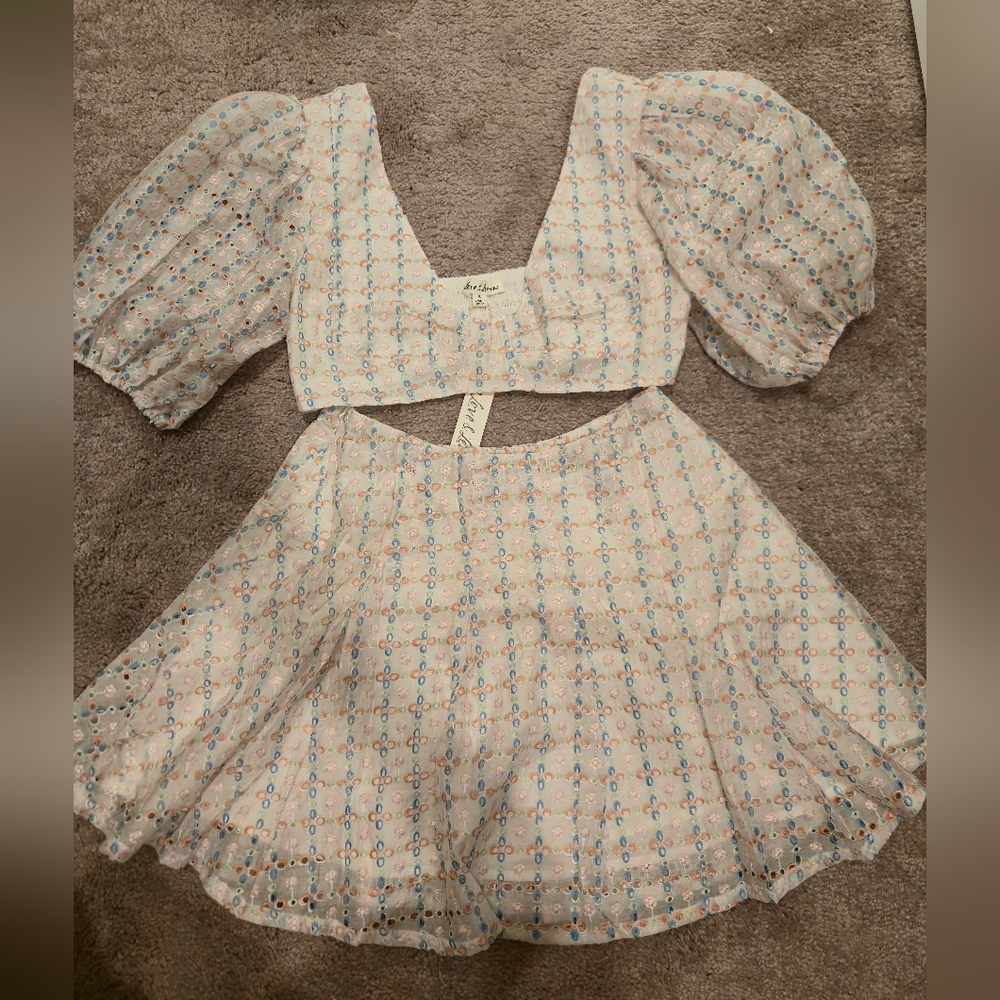 For Love&lemons White and Blue Patterned Crop Top and Skirt Set